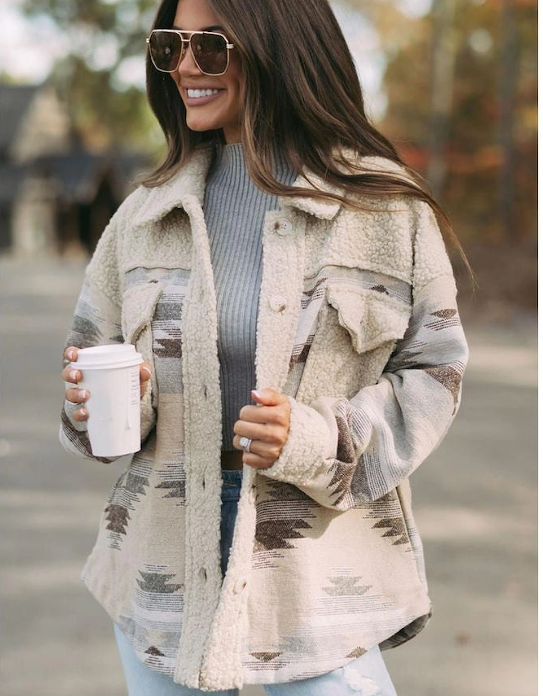 Khaki Western Aztec Print Sherpa Splicing Buttoned Flap Pocket Coat