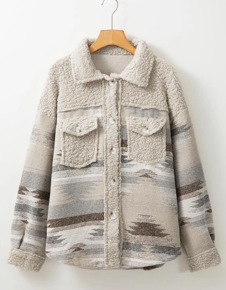 Khaki Western Aztec Print Sherpa Splicing Buttoned Flap Pocket Coat