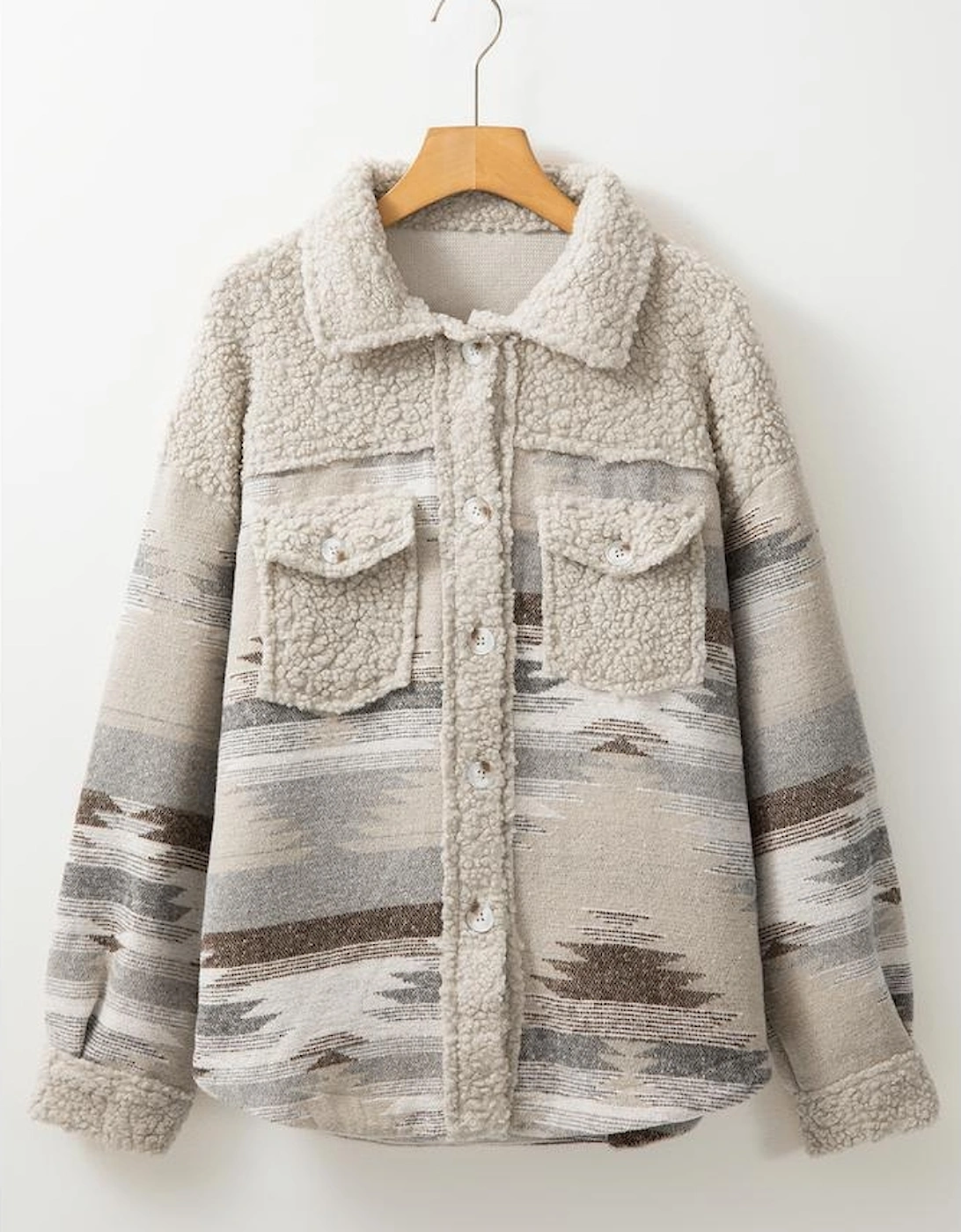 Khaki Western Aztec Print Sherpa Splicing Buttoned Flap Pocket Coat