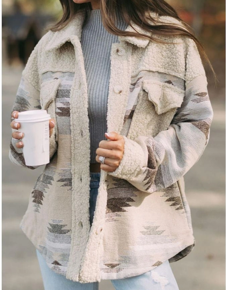 Khaki Western Aztec Print Sherpa Splicing Buttoned Flap Pocket Coat