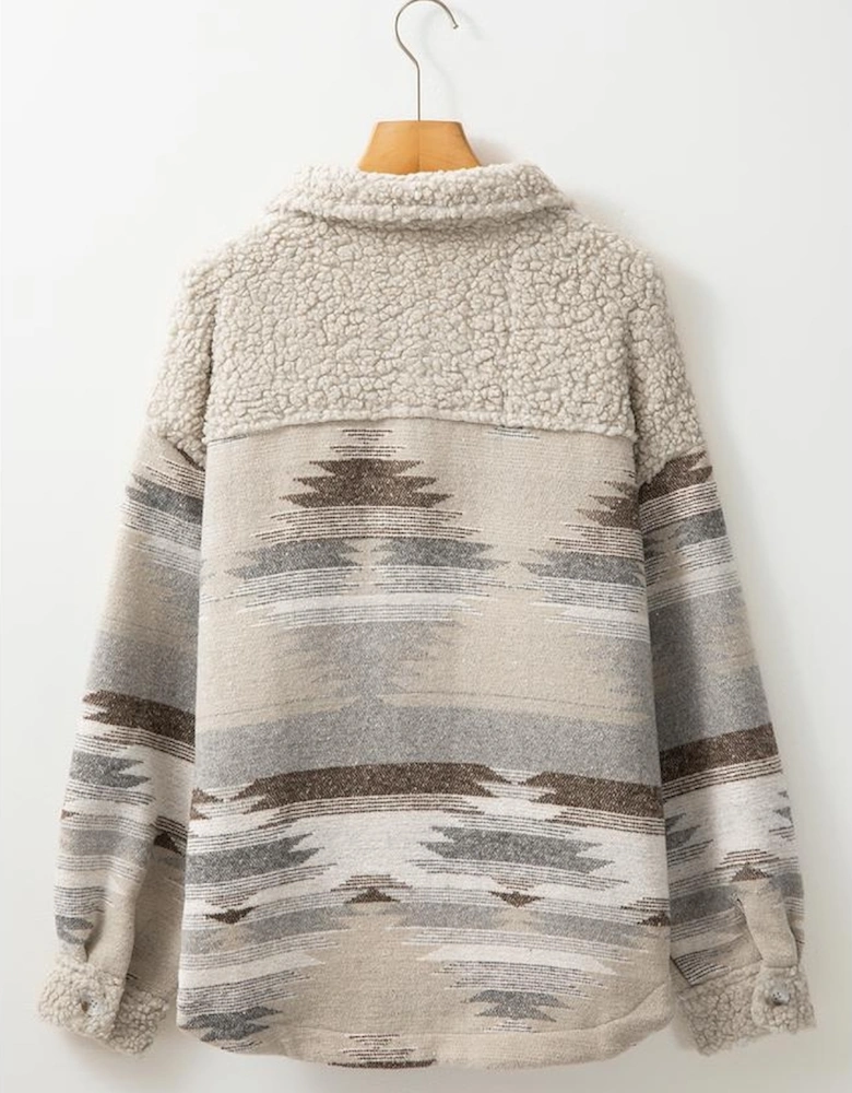 Khaki Western Aztec Print Sherpa Splicing Buttoned Flap Pocket Coat