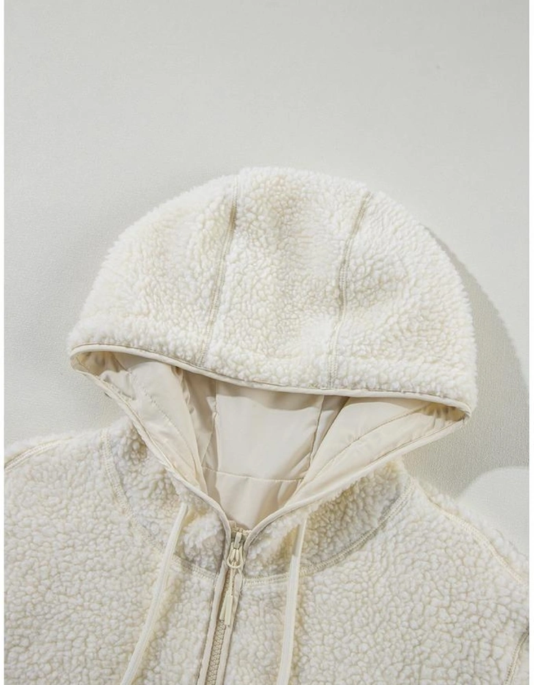 Beige Fleece Zip Up Drawstring Hooded Pocketed Jacket