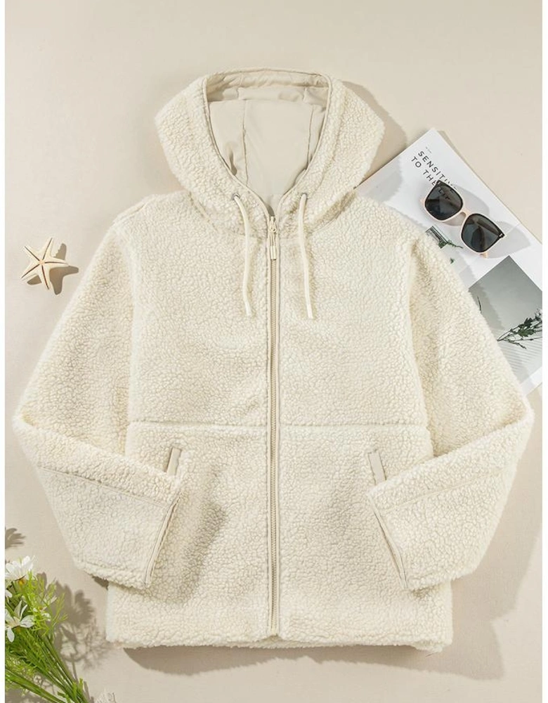 Beige Fleece Zip Up Drawstring Hooded Pocketed Jacket