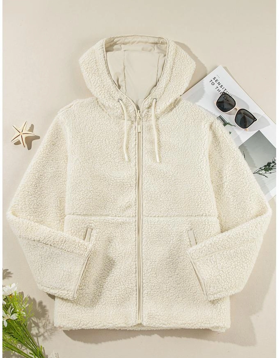 Beige Fleece Zip Up Drawstring Hooded Pocketed Jacket