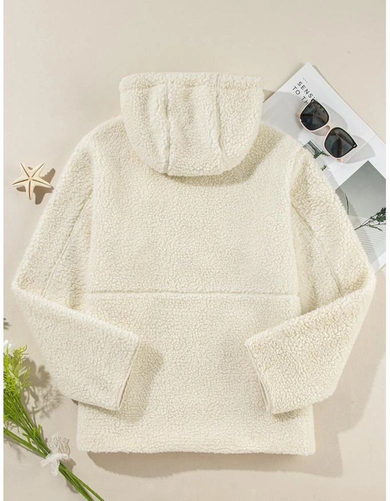 Beige Fleece Zip Up Drawstring Hooded Pocketed Jacket