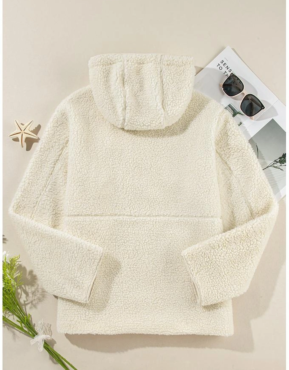 Beige Fleece Zip Up Drawstring Hooded Pocketed Jacket