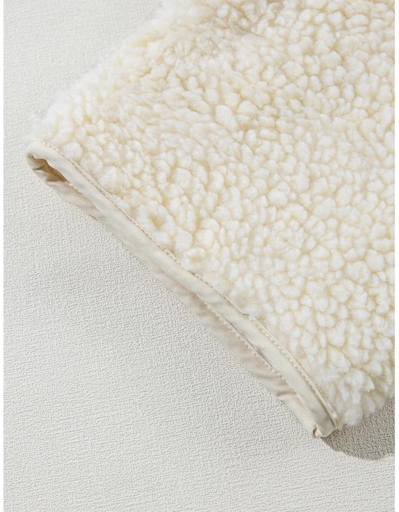 Beige Fleece Zip Up Drawstring Hooded Pocketed Jacket