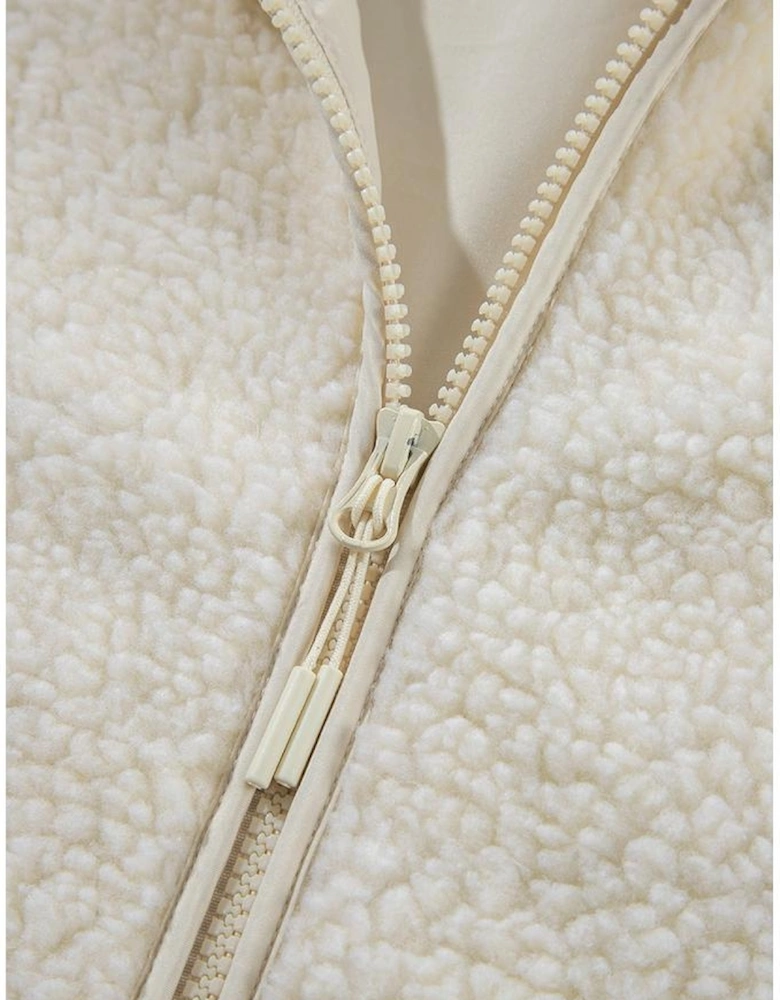 Beige Fleece Zip Up Drawstring Hooded Pocketed Jacket