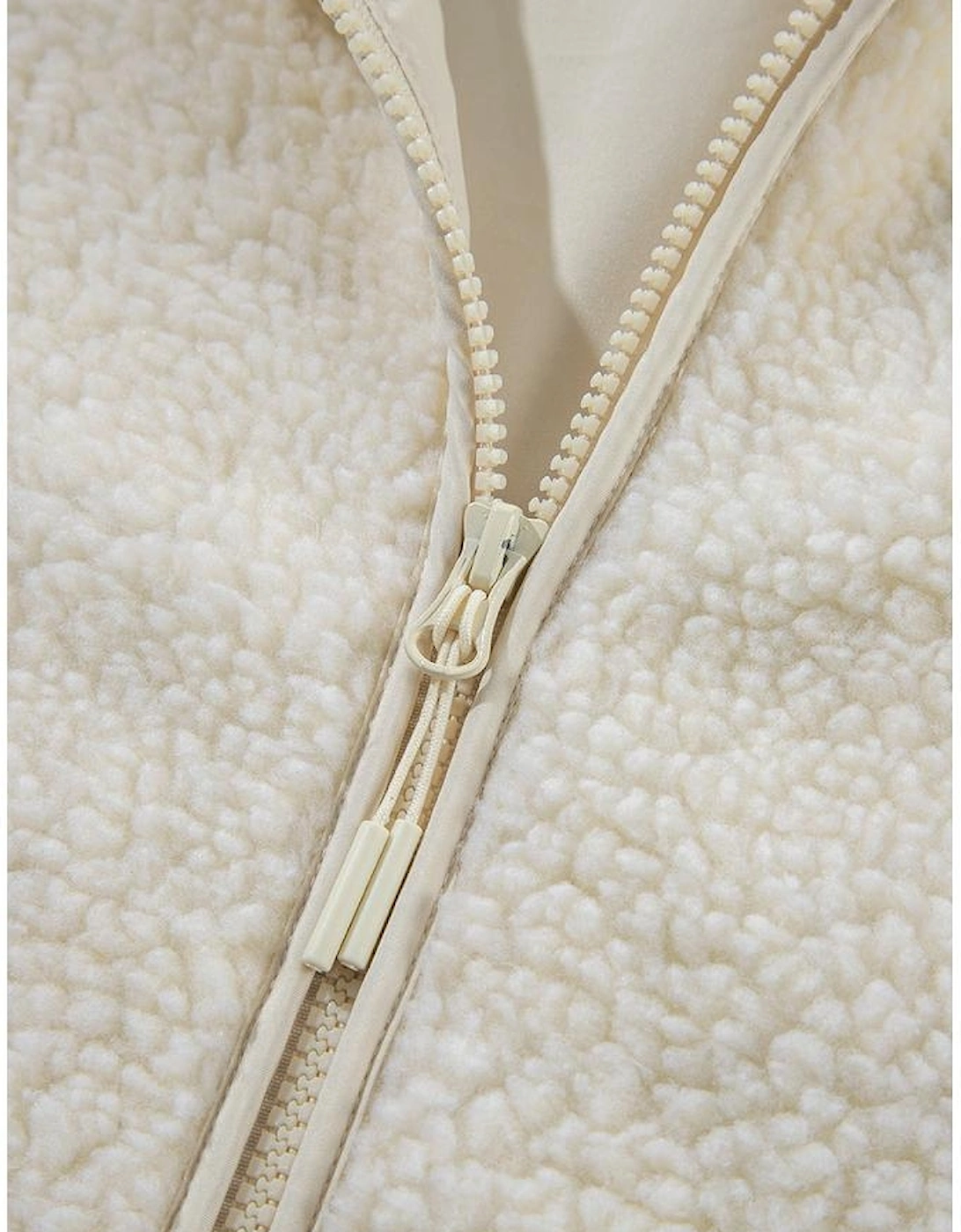 Beige Fleece Zip Up Drawstring Hooded Pocketed Jacket