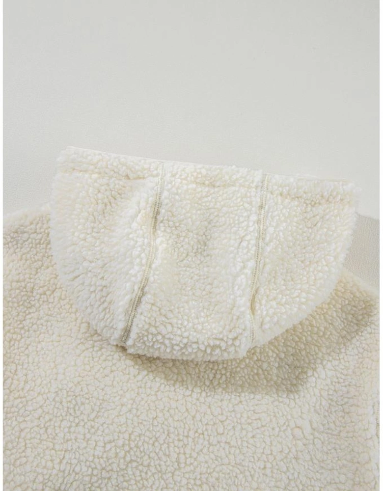 Beige Fleece Zip Up Drawstring Hooded Pocketed Jacket