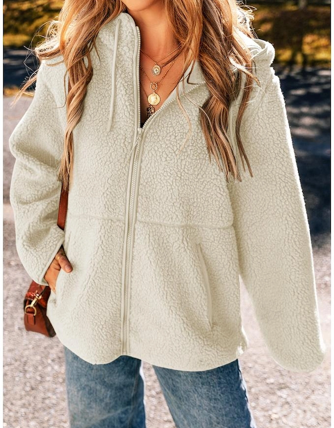 Beige Fleece Zip Up Drawstring Hooded Pocketed Jacket