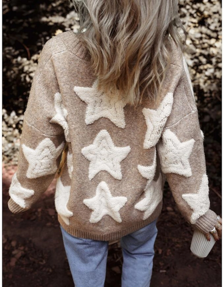 Khaki Sherpa Star Pattern Textured Sweater Cardigan with Pockets