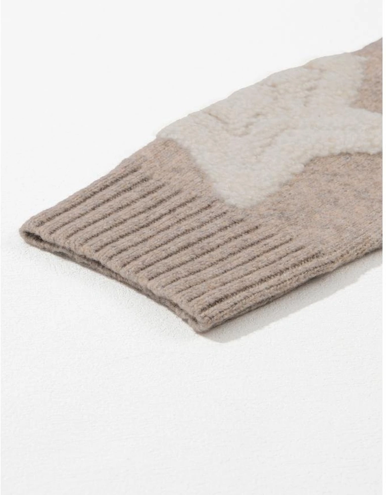 Khaki Sherpa Star Pattern Textured Sweater Cardigan with Pockets