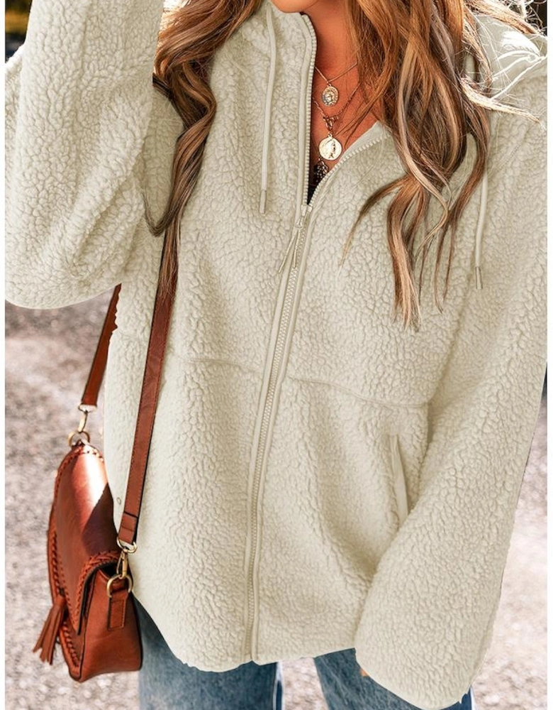 Beige Fleece Zip Up Drawstring Hooded Pocketed Jacket