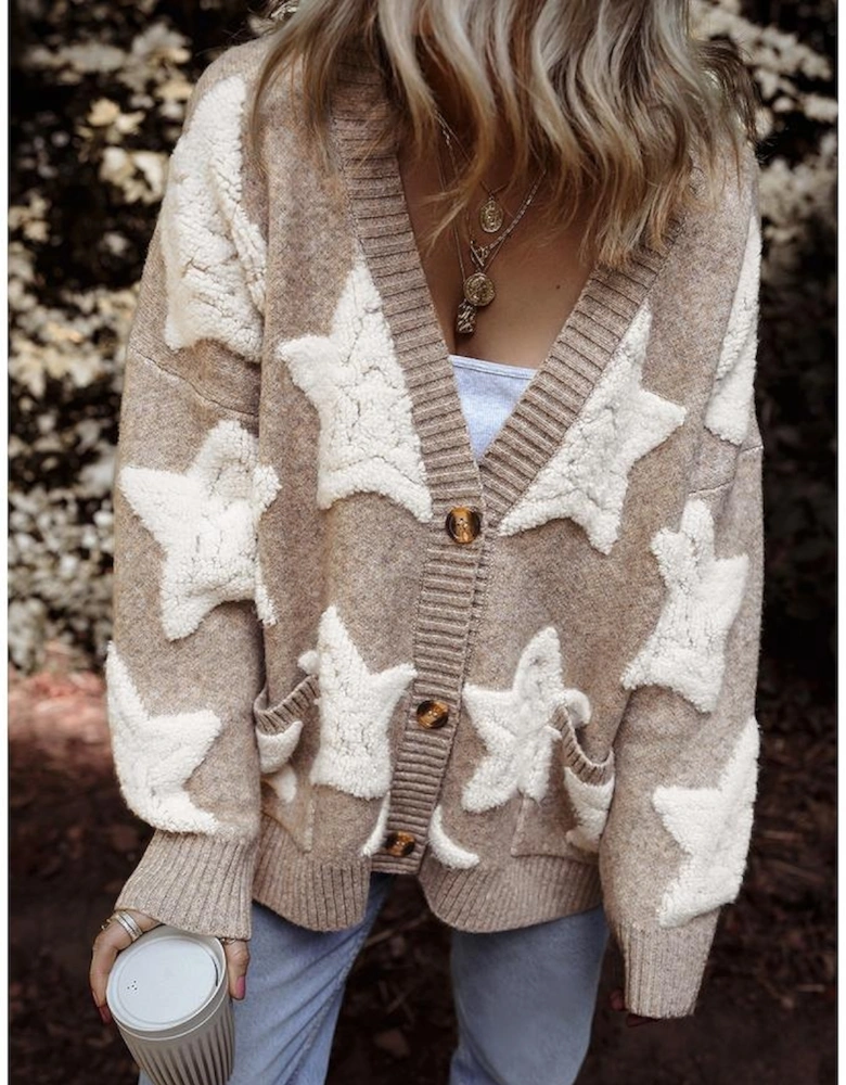 Khaki Sherpa Star Pattern Textured Sweater Cardigan with Pockets