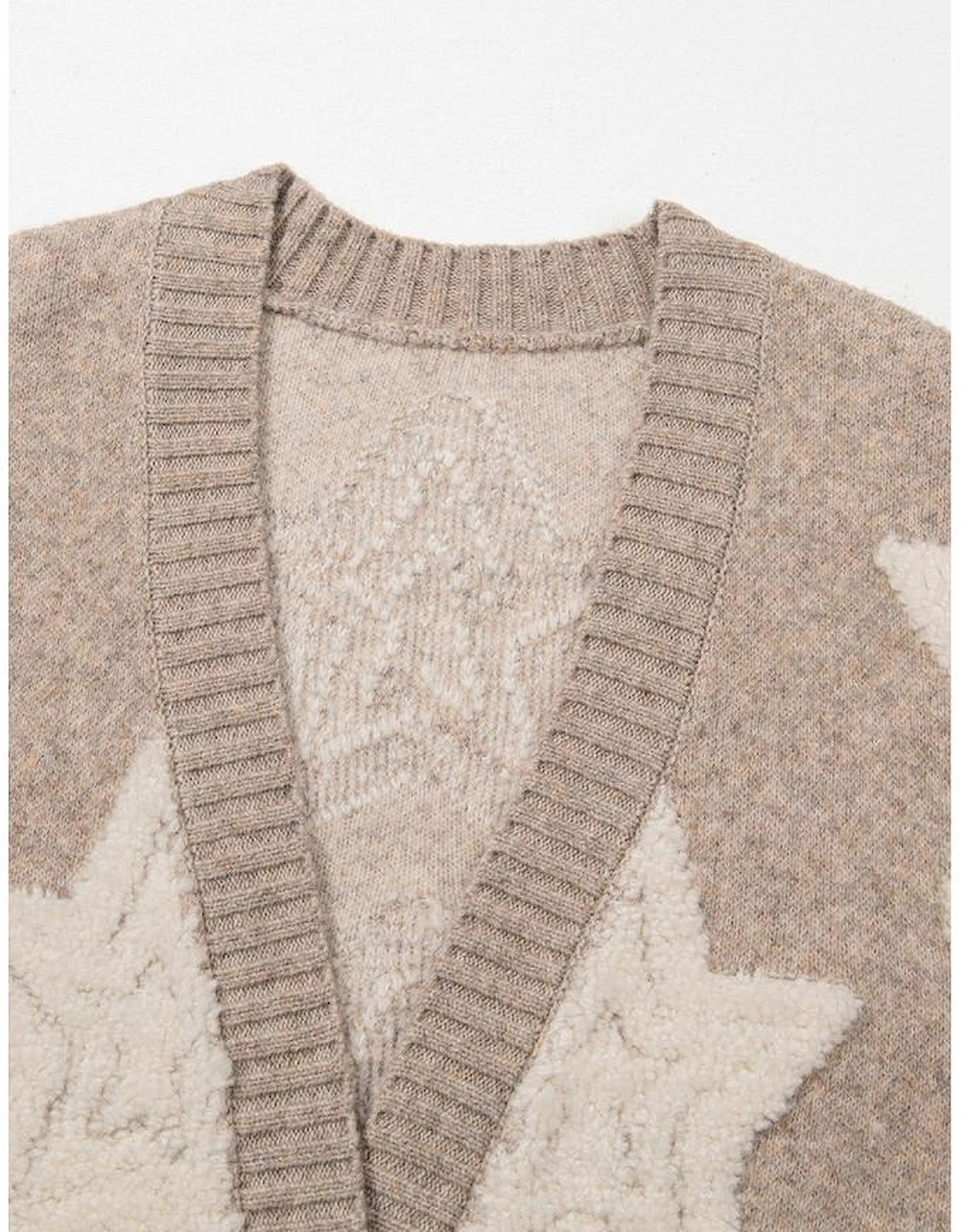 Khaki Sherpa Star Pattern Textured Sweater Cardigan with Pockets