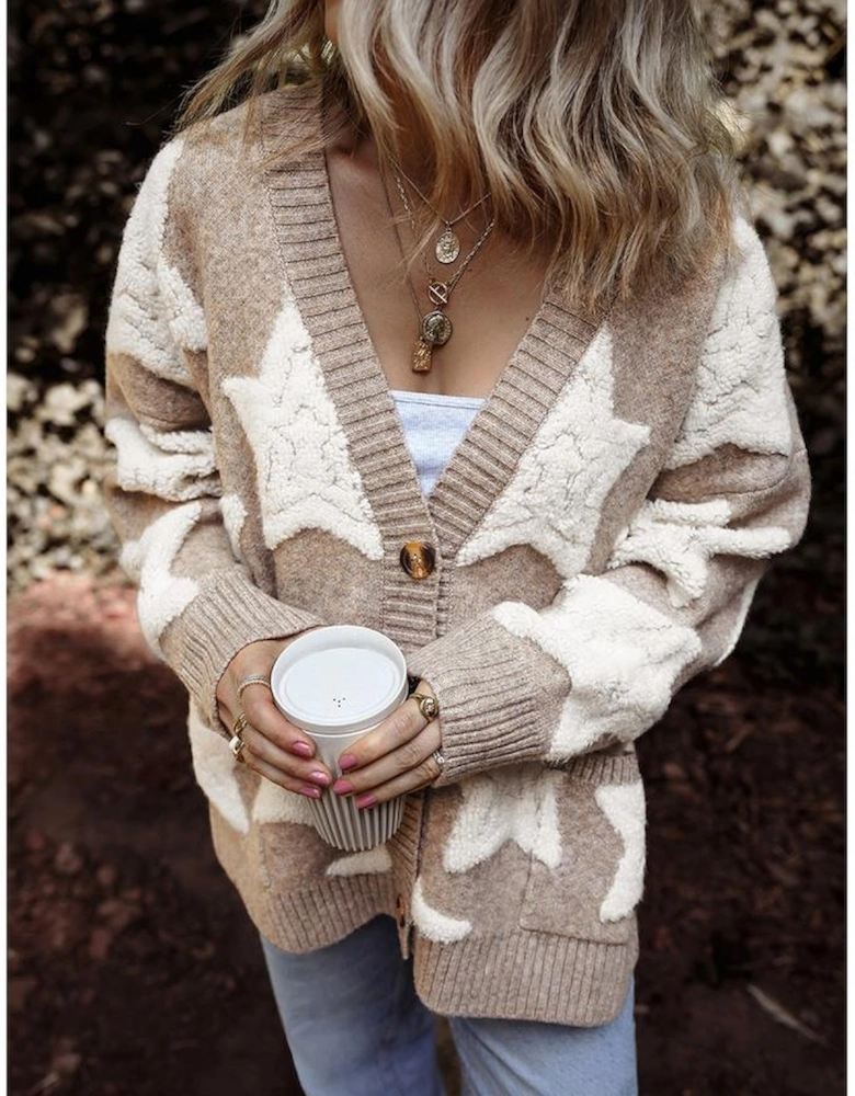 Khaki Sherpa Star Pattern Textured Sweater Cardigan with Pockets