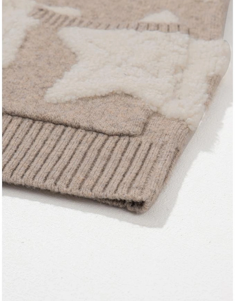 Khaki Sherpa Star Pattern Textured Sweater Cardigan with Pockets