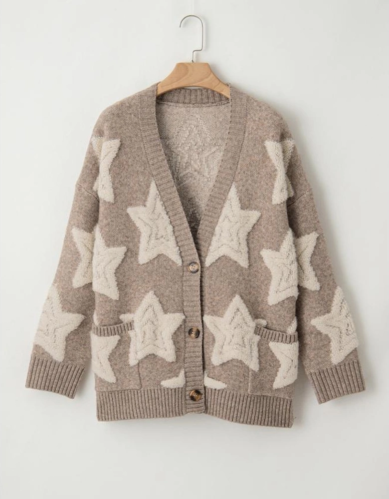 Khaki Sherpa Star Pattern Textured Sweater Cardigan with Pockets