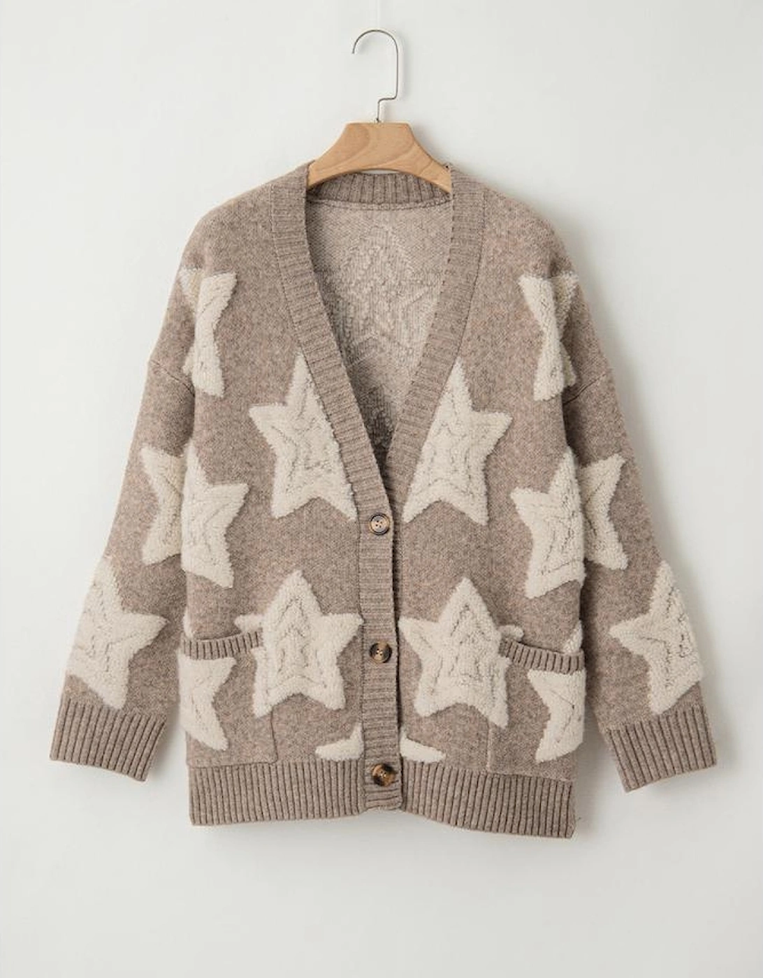 Khaki Sherpa Star Pattern Textured Sweater Cardigan with Pockets