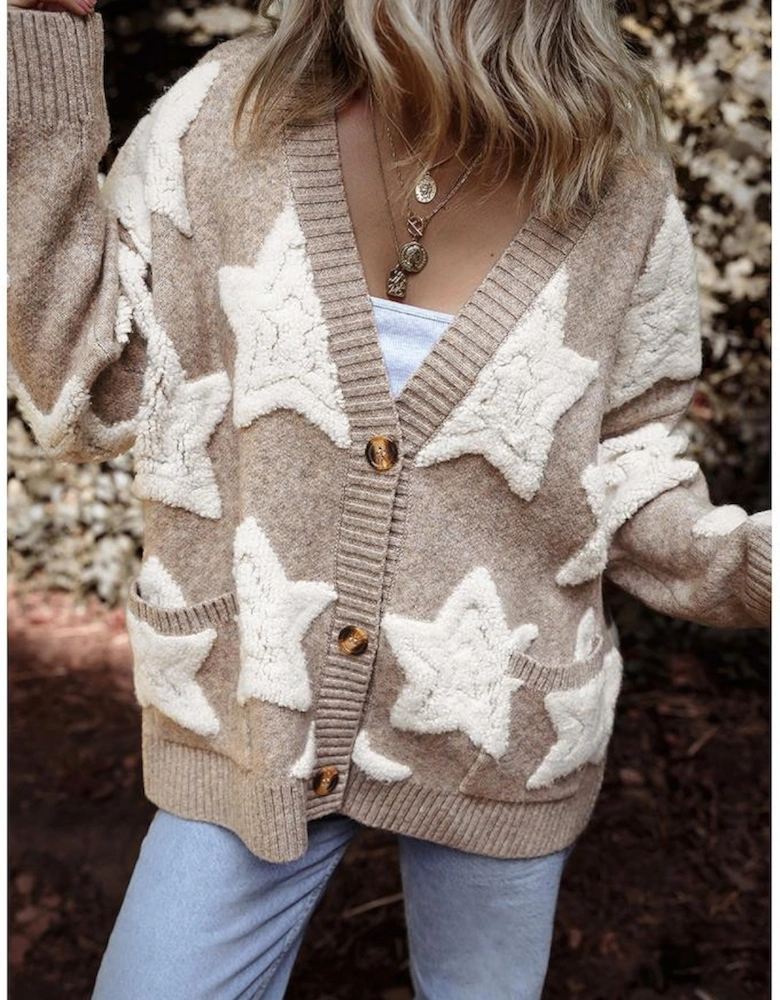 Khaki Sherpa Star Pattern Textured Sweater Cardigan with Pockets