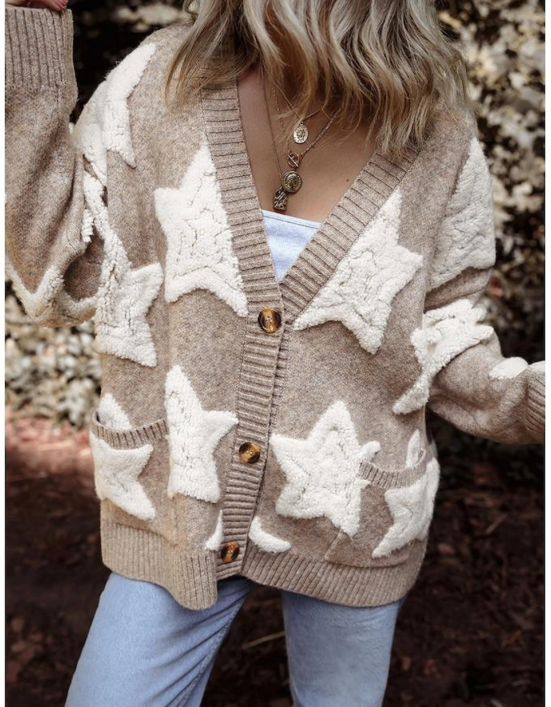 Khaki Sherpa Star Pattern Textured Sweater Cardigan with Pockets
