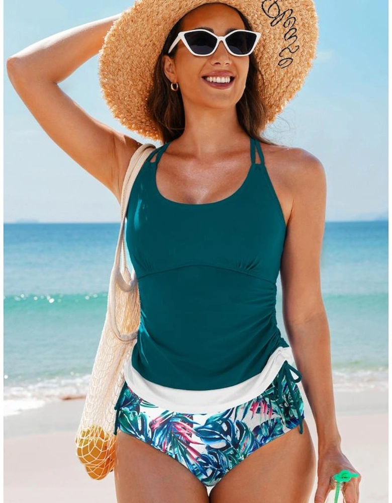 Sea Green Drawstring Tummy Control Mix-and-match 2pcs Tankini Swimsuit