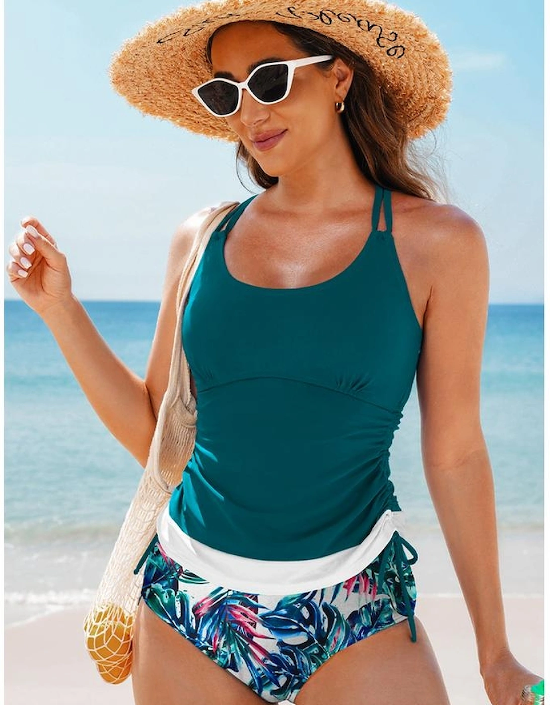 Sea Green Drawstring Tummy Control Mix-and-match 2pcs Tankini Swimsuit