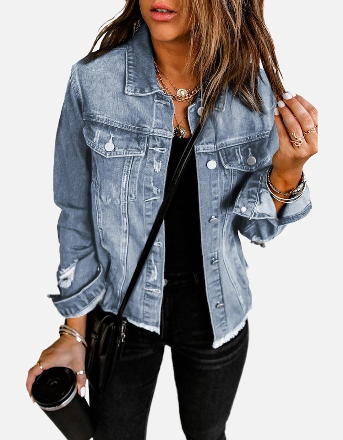 Sky Blue Lapel Distressed Raw Hem Buttons Denim Jacket