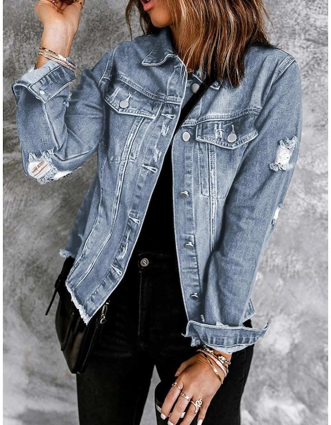 Sky Blue Lapel Distressed Raw Hem Buttons Denim Jacket