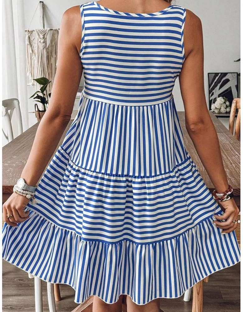 Sky Blue Stripe U Neck Sleeveless Loose Fit Mini Dress