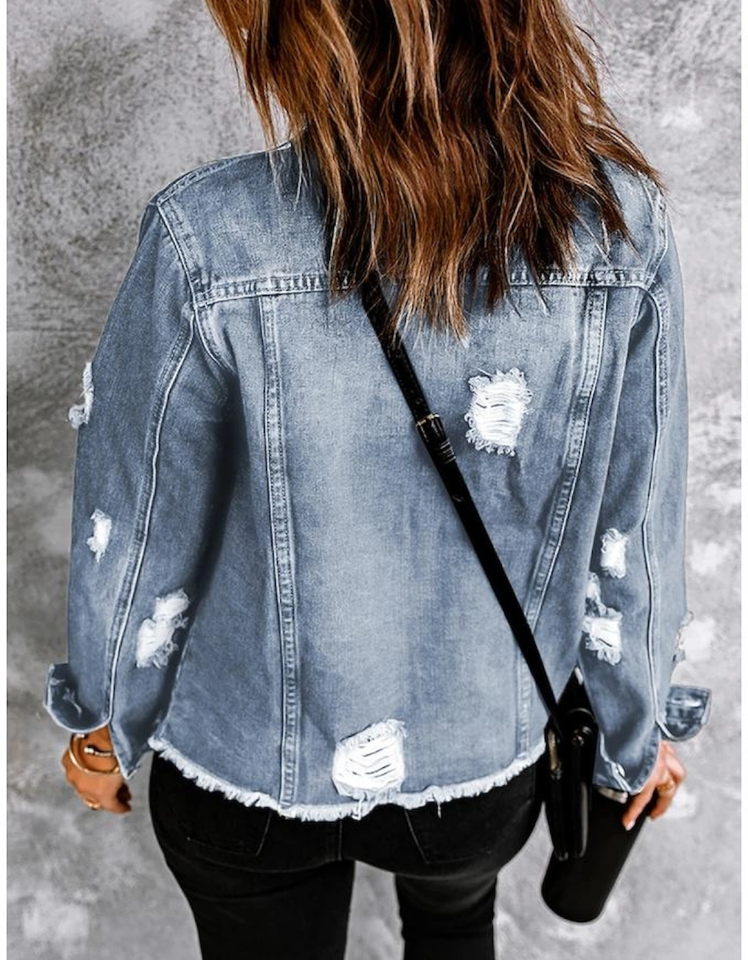 Sky Blue Lapel Distressed Raw Hem Buttons Denim Jacket