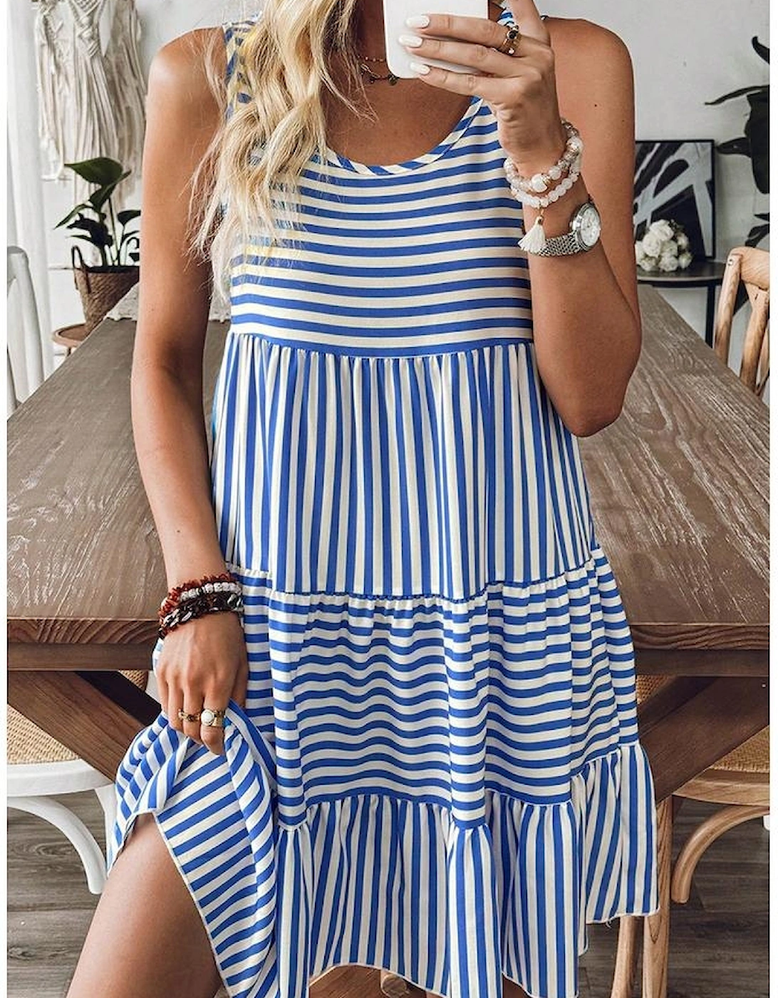 Sky Blue Stripe U Neck Sleeveless Loose Fit Mini Dress