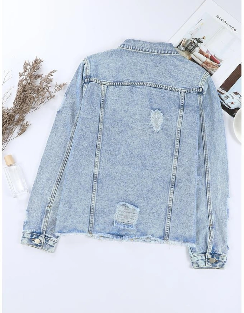 Sky Blue Lapel Distressed Raw Hem Buttons Denim Jacket