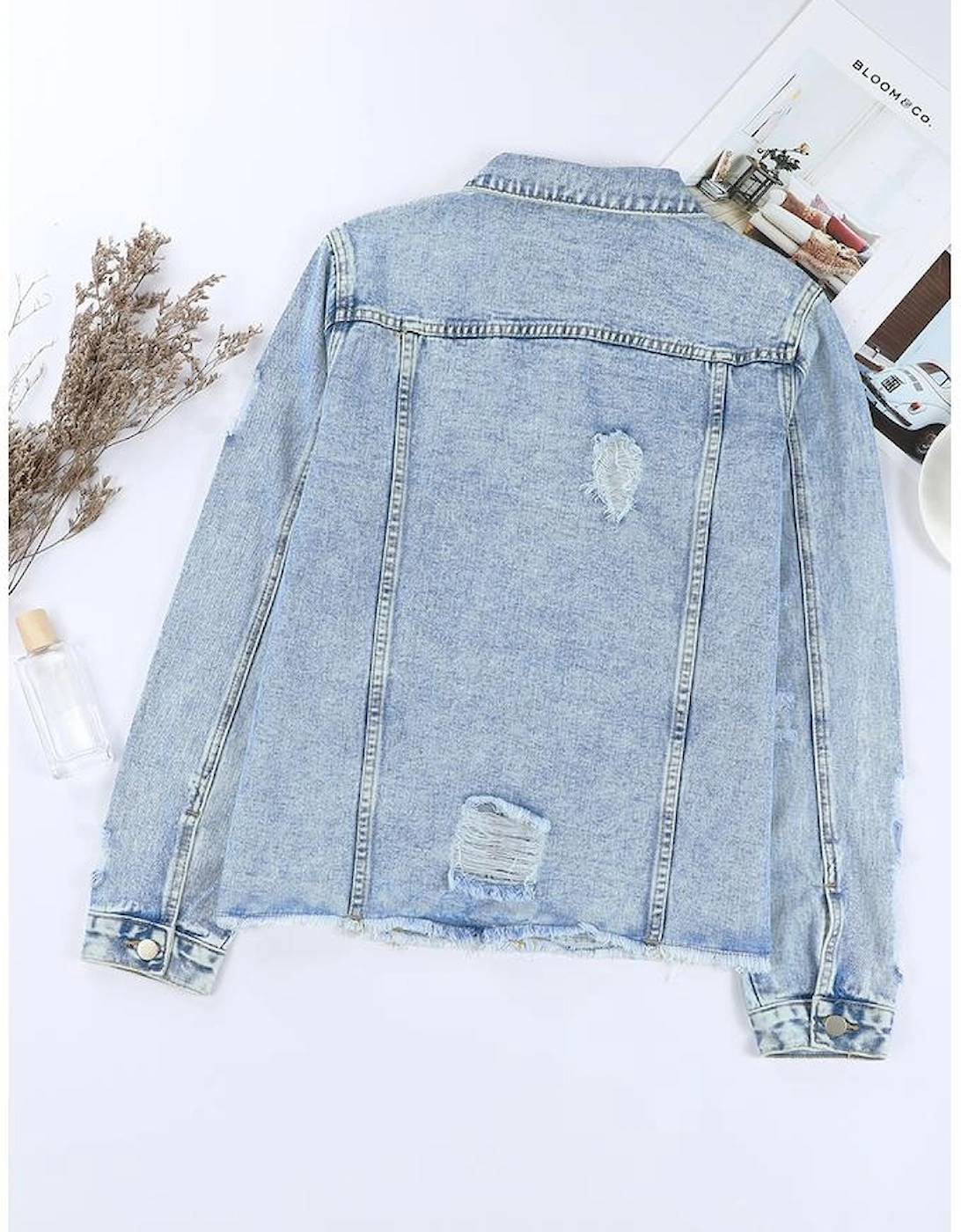 Sky Blue Lapel Distressed Raw Hem Buttons Denim Jacket