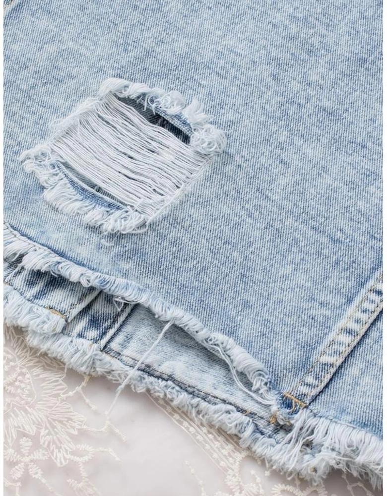 Sky Blue Lapel Distressed Raw Hem Buttons Denim Jacket