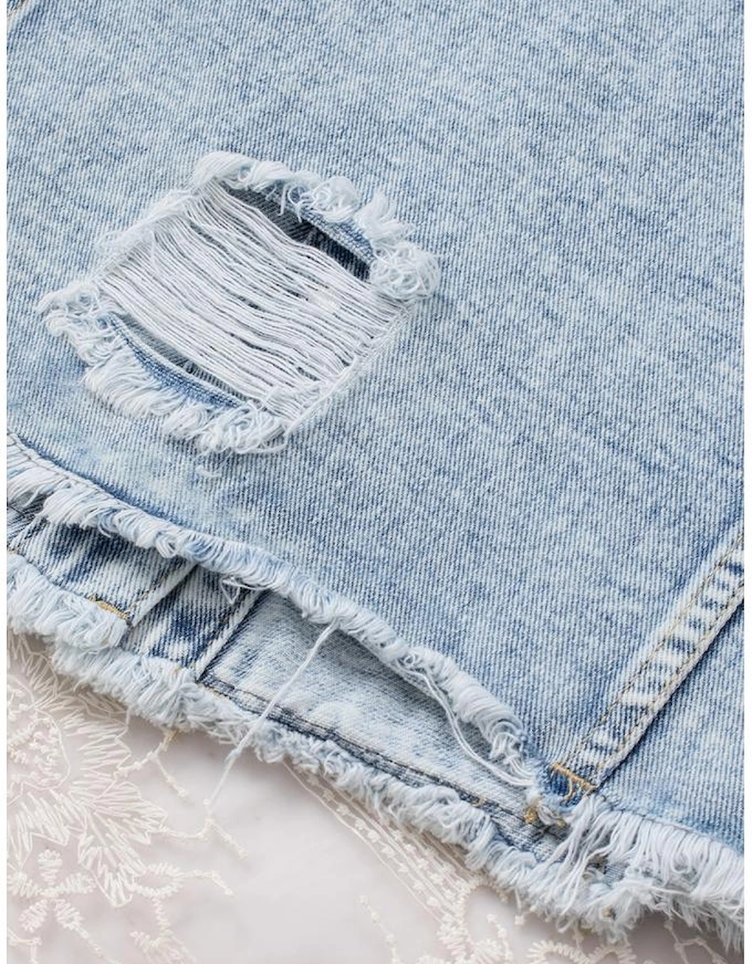 Sky Blue Lapel Distressed Raw Hem Buttons Denim Jacket