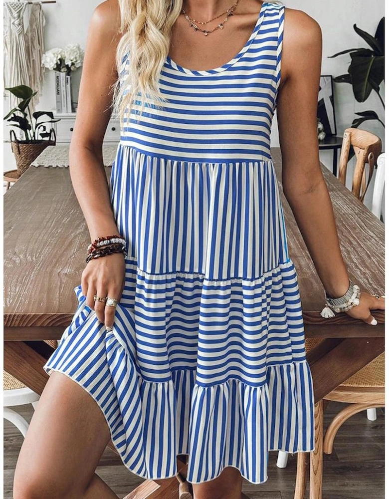 Sky Blue Stripe U Neck Sleeveless Loose Fit Mini Dress