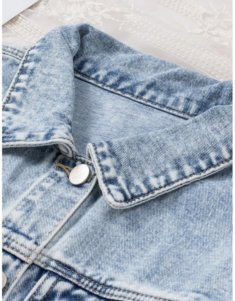 Sky Blue Lapel Distressed Raw Hem Buttons Denim Jacket