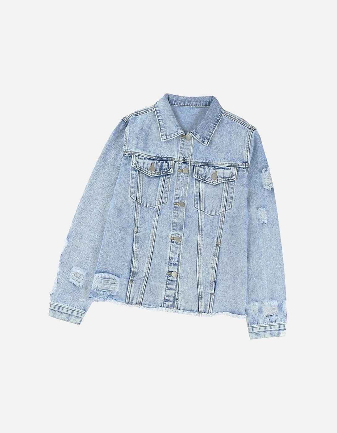 Sky Blue Lapel Distressed Raw Hem Buttons Denim Jacket