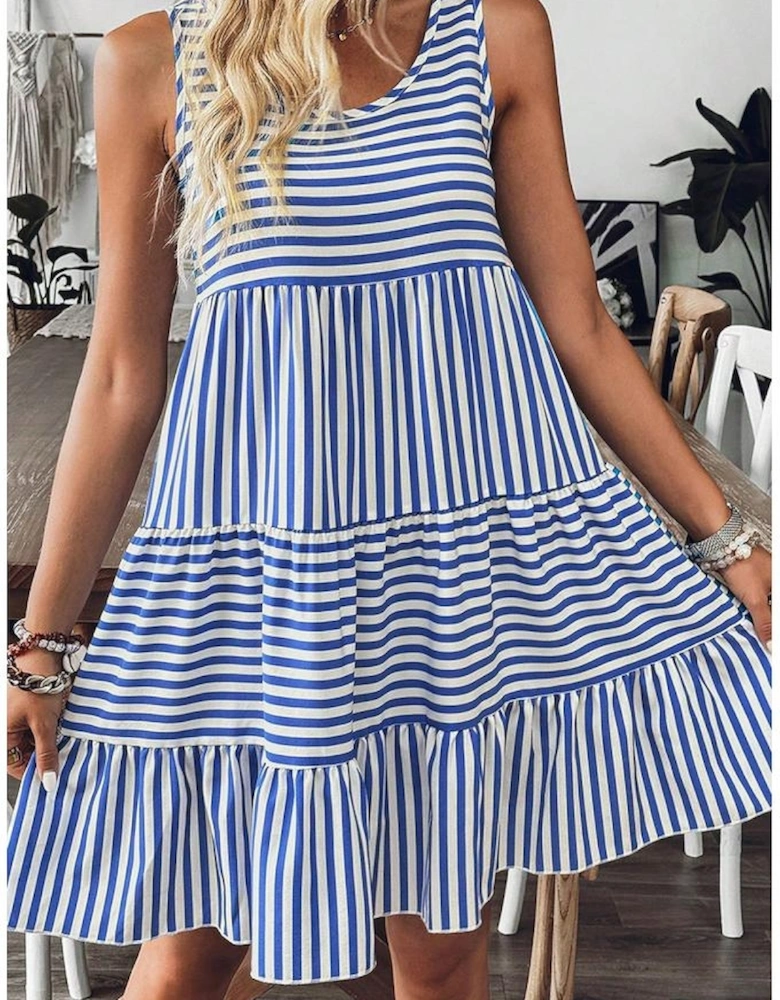 Sky Blue Stripe U Neck Sleeveless Loose Fit Mini Dress