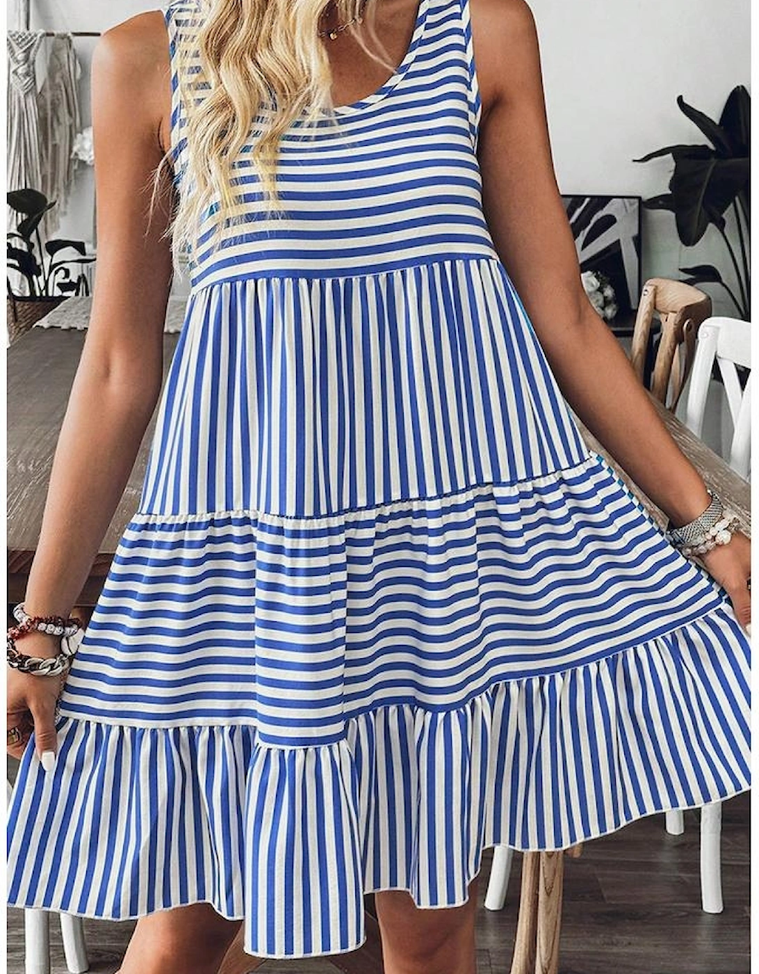 Sky Blue Stripe U Neck Sleeveless Loose Fit Mini Dress