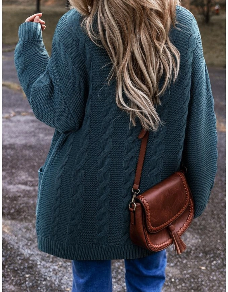 Peacock Blue Cable Knit Button Front Pocketed Baggy Cardigan