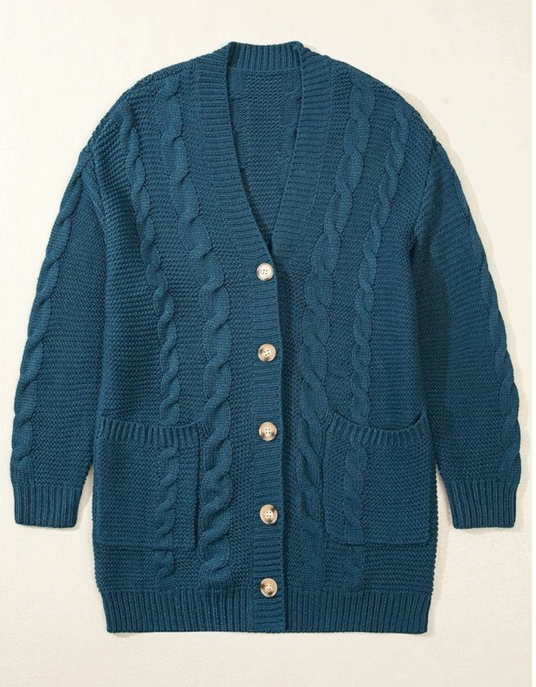 Peacock Blue Cable Knit Button Front Pocketed Baggy Cardigan