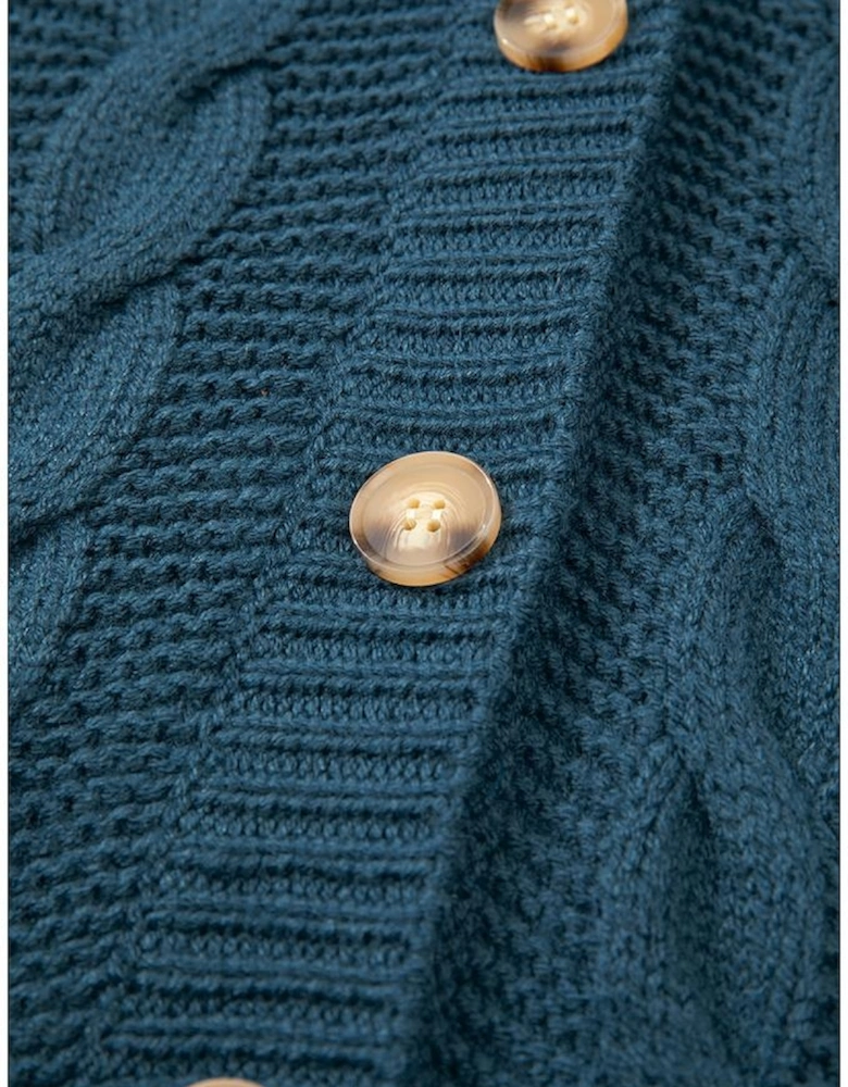 Peacock Blue Cable Knit Button Front Pocketed Baggy Cardigan