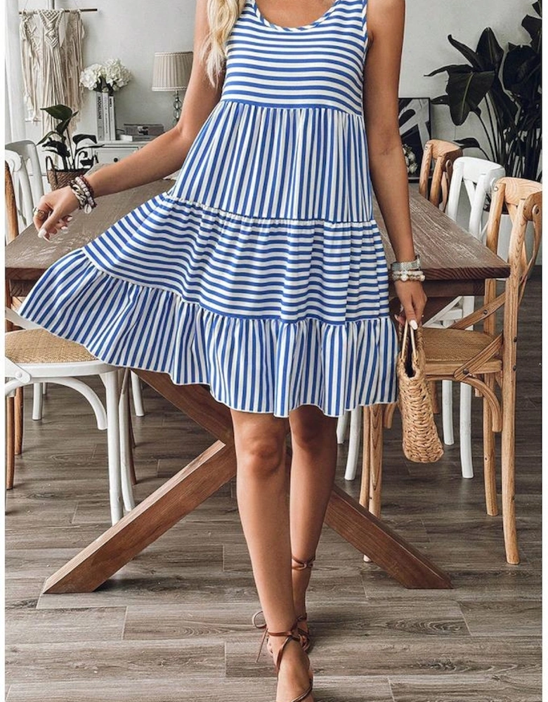 Sky Blue Stripe U Neck Sleeveless Loose Fit Mini Dress
