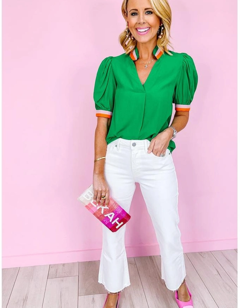 Bright Green Colorful Trim V Neck Short Sleeve Blouse