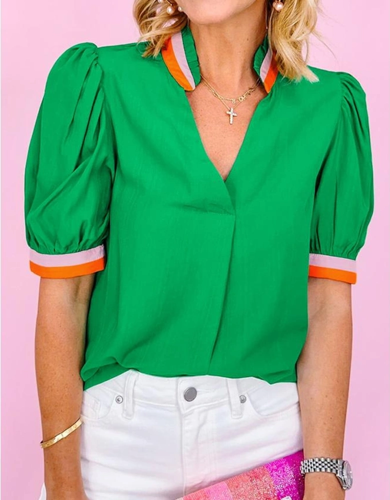 Bright Green Colorful Trim V Neck Short Sleeve Blouse
