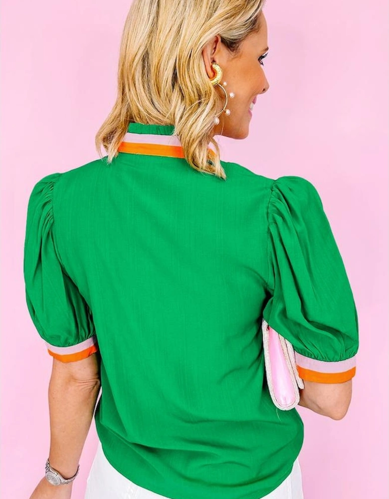 Bright Green Colorful Trim V Neck Short Sleeve Blouse