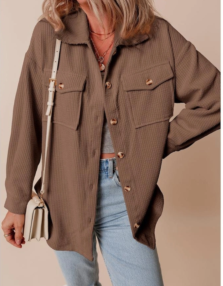 Chestnut Corduroy Flap Pocket Button Up Shacket